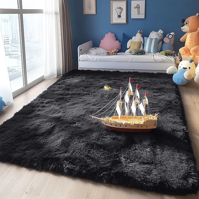 OLANLY 4x7 Area Rugs for Living Room Bedroom, Machine Washable Soft Fluffy Shaggy Bedside Rug, Indoor Floor Carpet for Kids Girls and Boys, Dorms, Nursery Rooms, Home Decor Aesthetic, Black