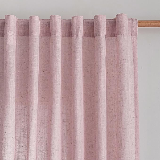 MYSKY HOME Extra Long Country Curtains for Sliding Glass Door Windows, Back Tab Semi Sheer Living Room Curtain Panels Ceiling to Floor Length Drapes Linen Texture Soft, 50 x 108 in, Pink, Set of 2
