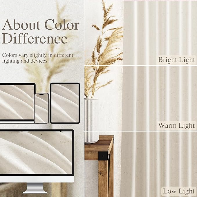 Nanspring Modern Linen Curtains for Living Room 90 Inches Long Light Filtering Semi Sheer Curtain Back Tab Neutral Luxury Modern Farmhouse Decor Linen Blend Drapes for Bedroom 52x90, 2 Panels