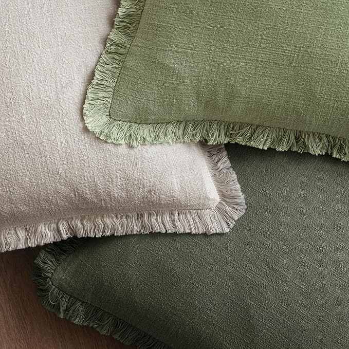 MIULEE Decorative Throw Pillow Covers Neutral Fringe Throw Pillows Set of 2 Rifle Green Boho Farmhouse Cushion Covers with Tassels for Couch Sofa Bed Living Room Spring Home Decor 20x20 Inch