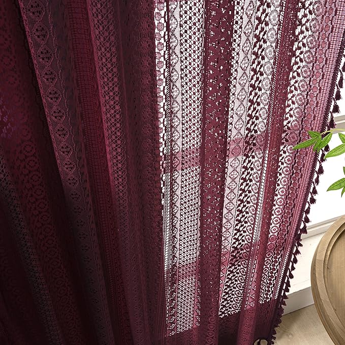 WAZZIO Boho Lace Curtains 63 Inches 2 Panel,Light Filtering Privacy Tassel & Geometry Crochet Semi Sheer Curtain Drapes for Bedroom Living Dining Room,Rod Pocket & Tassel,Burgundy Red