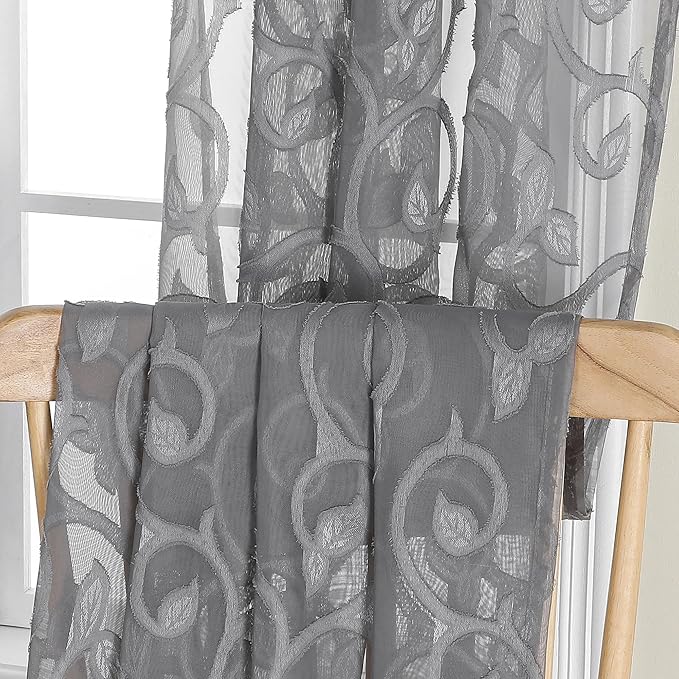 OWENIE Furman Sheer Charcoal Gray Curtains 90 inches Long for Bedroom Living Room 2 Panels Set, Light Filtering Soft Semi Sheer Jacquard Clip Farmhouse Curtains Rod Pocket Design, Each 52Wx90L inch