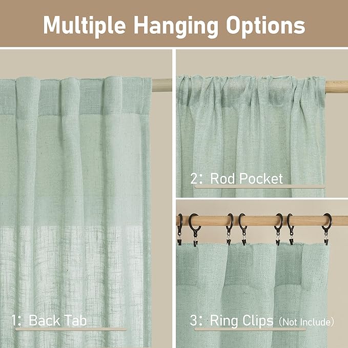 LAMIT Light Sage Linen Curtains 72 inch Length for Bedroom, Faux Linen Textured Light Filtering Drapes Back Tab and Rod Pocket Boho Panels for Farmhouse/Living Room, 2 Panels, 52 x 72 Inch