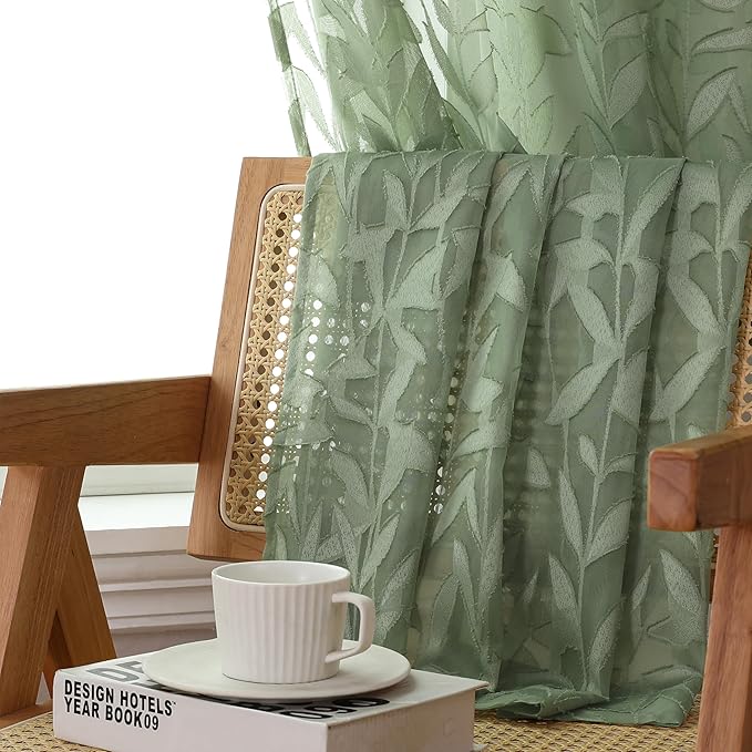 Lecloud Leia Sage Green Sheer Curtains 96 Inches Long 2 Panels, Airy Voile Jacquard Leaf Textured Curtains, Light Filtering Farmhouse Rod Pocket Curtain Drapes for Bedroom Living Room, 52" W x 96" L