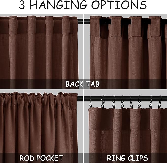 Nanspring Rustic Brown Linen Curtains 72 Inch Length for Living Room Semi Sheer Light Filtering Door Drapes 2 Panels Set for Kids Bedroom Back Tab Rod Pocket Modern Farmhouse Decor 52x72