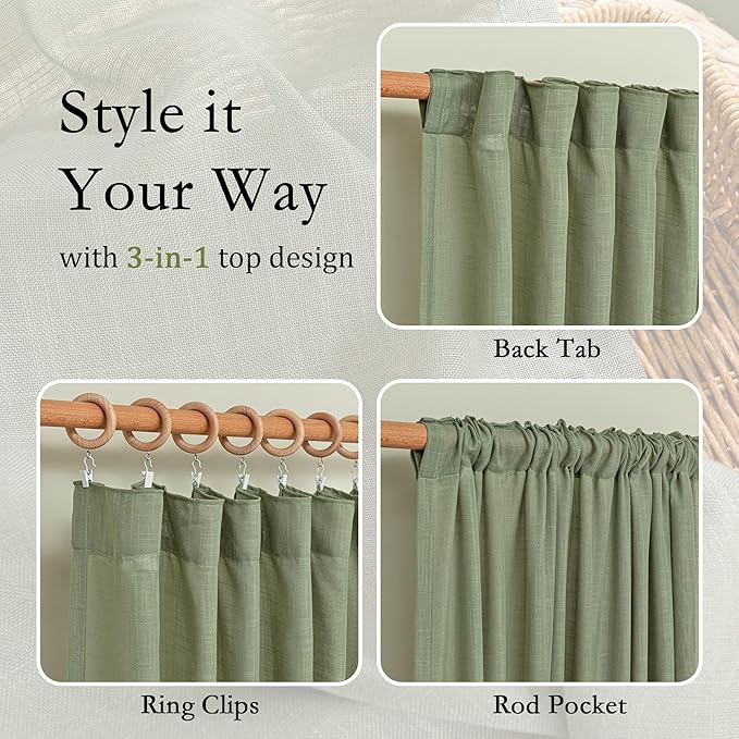 MYSKY HOME Sage Green Curtains 96 Inches Long for Living Room Sliding Glass Door Semi Sheer Drapes Light Filtering Window Treatments Soft Farmhouse Style Privacy Protect Back Tab, 50" x 96", 2 Panels