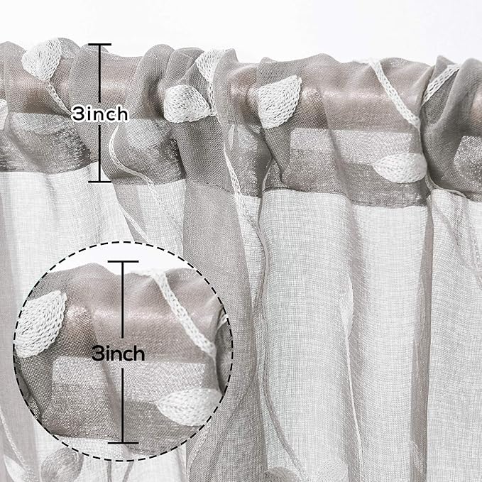 AmHoo 2 Panels Embroidered Leaf Pattern Semi Sheer Curtains Foliage Floral Voile Window Draperies Treatment for Bedroom Living Room Rod Pocket Light Gray 53 x 63 Inch