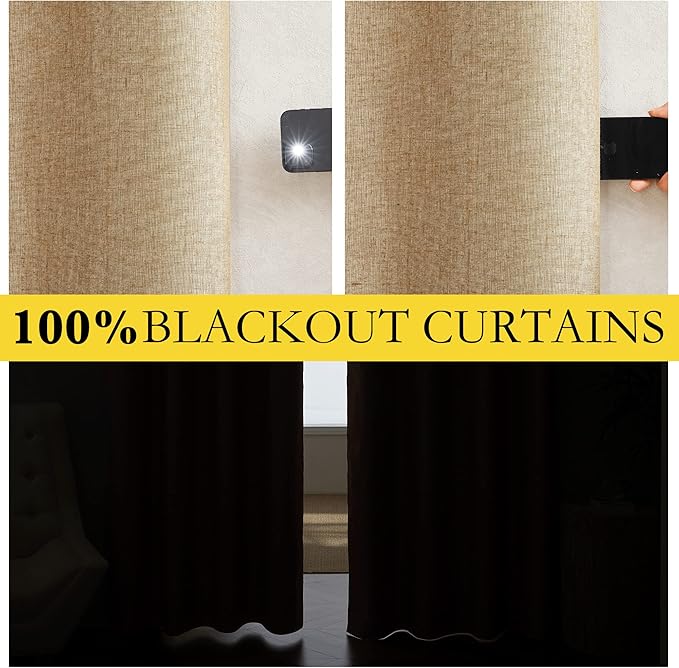 NICETOWN 100% Absolutely Blackout Linen Curtains with Thermal Insulated White Liner, Camel, W42 x L72, 2 Panels, Long Curtains 72 inch Length for Patio Door, Doorway, Office, Overnight Shiftworker