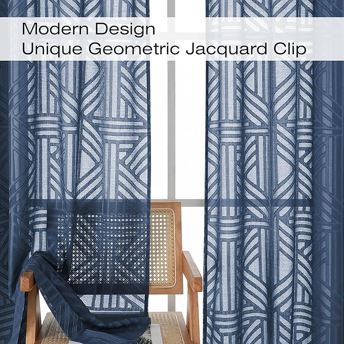 Simplebrand Navy Blue Semi Sheer Curtains 54 Inch Length 2 Panels, Geometric Jacquard Clip Textured Short Sheer Curtains for Bedroom，Modern Elegant Window Curtains Drapes/Treatment Sheer，42x54 inch