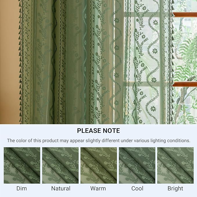 WAZZIO Boho Lace Curtains 2 Panels 84 Inches -Vintage Victorian Sheer Panel Drape French Country Floral Pattern & Tassel Light Filtering Privacy for Bedroom Dining Living Room,Dark Sage Green,W52x L84