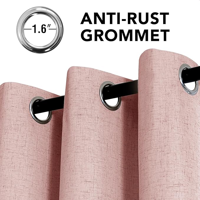 H.VERSAILTEX Linen Curtains 100% Blackout Curtains for Bedroom 63 inch Long Full Light Blocking Nature Linen Blended Window Curtains for Living Room Nickel Grommet (2 Panels, Heathered Baby Pink)