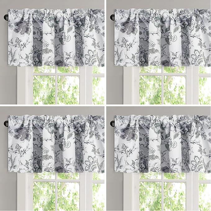 H.VERSAILTEX Blackout Curtain Valances for Kitchen Window/Living Room/Bathroom Privacy Added Rod Pocket Home Decoration Winow Valance, 52" W x 18" L, Floral in Antique Green (Pack of 4)
