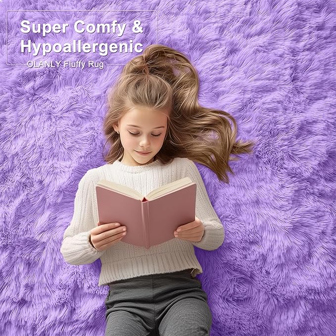 OLANLY 9x12 Machine Washable Large Area Rugs for Living Room, Bedroom, Soft Fluffy Shaggy Bedside Rug, Indoor Floor Carpet for Kids Girls and Boys, Dorms, Nursery, Home Decor Aesthetic, Purple