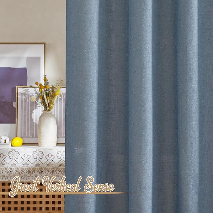 NICETOWN Stone Blue Linen Curtains 108 inches Long, Rod Pocket & Back Tab Flax Linen Burlap Semi Sheer Privacy with Light Filtering Window Treatments for Bedroom, W52 x L108, 2 Panels