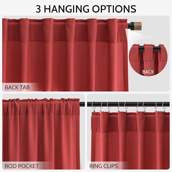 Nanspring Christmas Red Linen Curtains 84 Inch Length 2 Panels Set for Living Room Light Filtering Semi Sheer Curtain Back Tab Vintage Rustic Luxury Home Decor Neutral Drapes for Bedroom Office 52x84