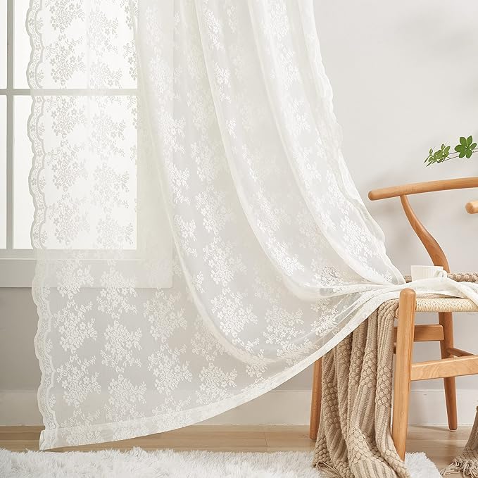YJ YANJUN Vintage Lace Curtains 84 Inches Long-Victorian Floral Pattern Ivory Sheer Curtain Panels for Living Room Bedroom French Door, Light Filtering Drapes, 2 Panels 52W x 84L Cream