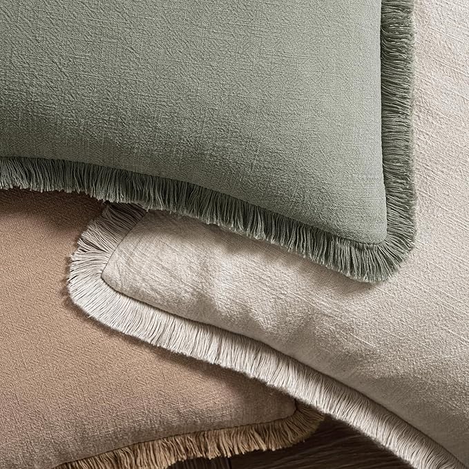 MIULEE Decorative Throw Pillow Covers Neutral Linen Fringe Throw Pillows Set of 2 Natural Beige Boho Farmhouse Cushion Covers with Tassels for Couch Sofa Bed Living Room Spring Decor 16x16 Inch