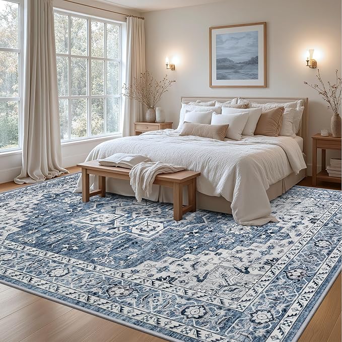 Area Rugs 9x12 Living Room Rug: Washable Rug Soft Vintage Boho Medallion Carpet Indoor Floor Non-Slip Stain Resistant Large Carpets for Bedroom Dining Room Farmhouse Nursery Home Office Blue