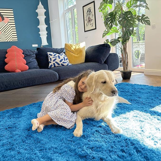 OLANLY 8x10 Machine Washable Large Area Rugs for Living Room, Bedroom, Soft Fluffy Shaggy Bedside Rug, Indoor Floor Carpet for Kids Girls and Boys, Dorms, Nursery, Home Decor Aesthetic, Bright Blue