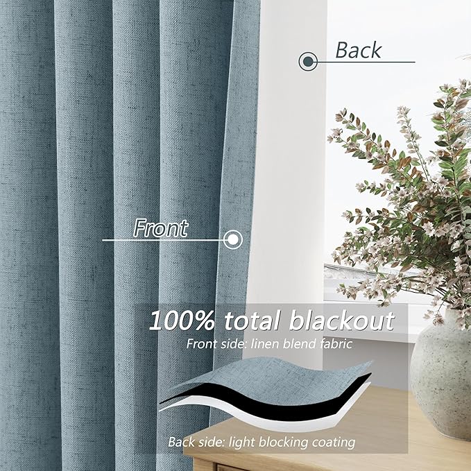 Guken 100% Blackout Linen Curtains 90 Inch Length 2 Panels Set for Living Room Bedroom Back Tab Thermal Insulated Black Out Drapes Room Darkening Farmhouse Style for Bedroom Window Curtains 52x90