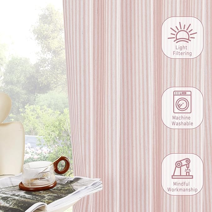 RYB HOME Linen Cafe Curtains 24 inch Length, Kitchen Farmhouse Striped Tier Curtains for Living Room Bathroom Tickingstripe Small Window Rustic Pinstripe Valances, Pink, W26 x L24, 2 Panels