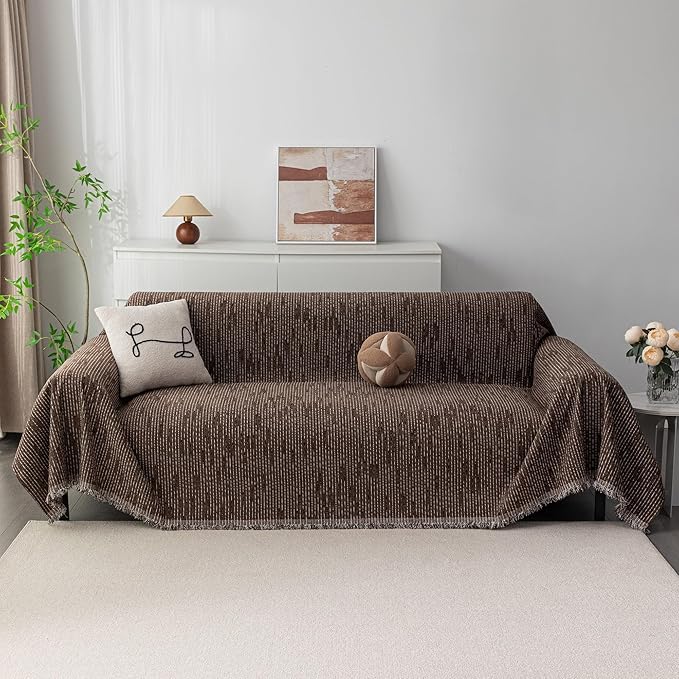 MYSKY HOME Loveseat Cover Deep Chocolate Couch Cover Sectional Couch Covers for 2 Cushion Couch Sofa Thick Universal Chenille Sofa Cover with Tassel Durable Furniture Protector for Dogs 91" x 118"