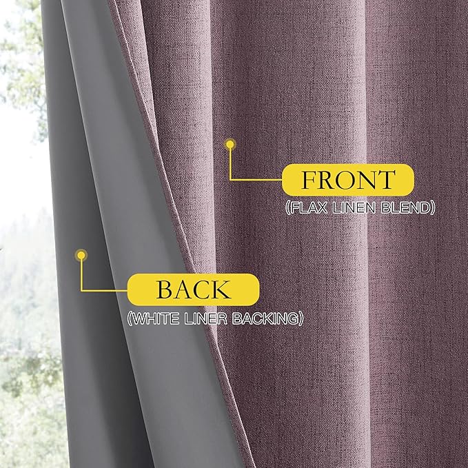 NICETOWN Chaise Mauve Vintage Linen 100% Blackout Curtains for Dining Room, Thermal Insulated Curtains 45" Long, Noise Reducing Window Treatment Drapes for Kitchen, 42" Wide Per Panel, Set of 2