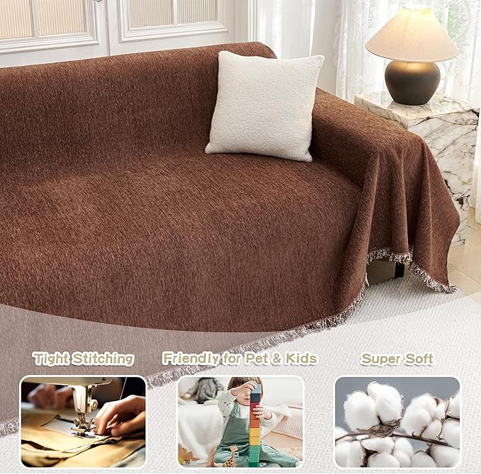 MYSKY HOME Sofa Covers for 2 Cushion Dogs - Boho Textured Soft Washable Decorative Couch Covers with Tassels, 71"x118", Chocolate