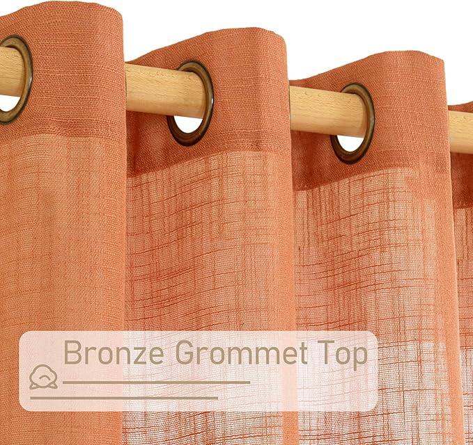 LAMIT Burnt Orange Sheer Linen Curtains, 84 inch Light Filtering Semi Sheer Panels Bronze Grommet Farmhouse Rust Drapes for Living Room/Bedroom, 2 Panels, 52 x 84 Inch