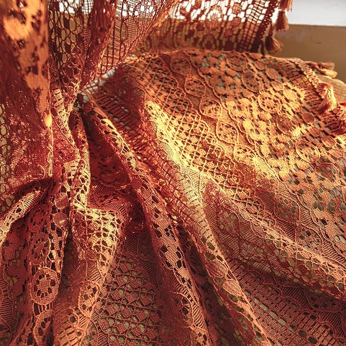 WAZZIO Boho Lace Curtains 102 Inches 2 Panel,Light Filtering Privacy Tassel & Geometry Crochet Semi Sheer Curtain Drapes for Bedroom Living Dining Room,Rod Pocket & Tassel,Full Decor,Burnt Orange