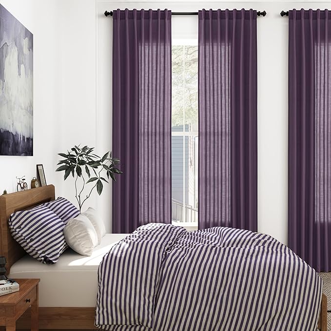 Nanspring Plum Linen Curtains 84 Inch Length 2 Panels Set for Living Room Rod Pocket Back Tab Light Filtering Window Drapes for Bedroom Dining Room Protect Privacy Country Farmhouse Decor 52x84