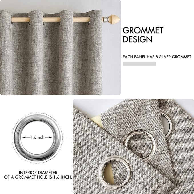 MIULEE Linen Curtains for Bedroom Solid 100% Blackout Thermal Insulated Greige Curtains Grommet Room Darkening Drapes for Living Room Nursery 52x84 Inch (2 Panels)