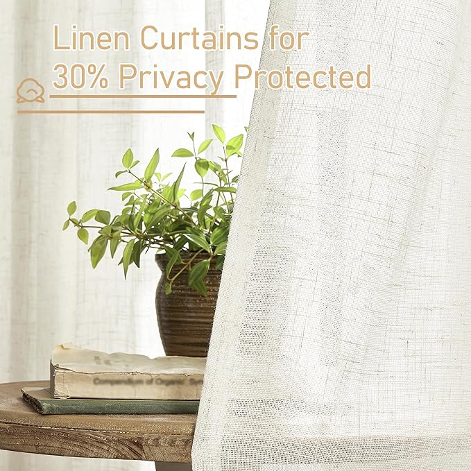 LAMIT Cream Linen Curtains 63 Inches Long for Living Room, Bronze Grommet Linen Drapes Light Filtering Sheer Window Curtains for Bedroom, Set of 2 Panels(38 x 63 Inch)