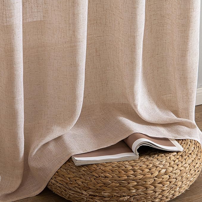 MIULEE Natural Beige Linen Curtains 96 Inches Long 2 Panels for Bedroom Living Room, Soft Linen Textured Window Drapes Semi Sheer Light Filtering Back Tab Rod Pocket Farmhouse Burlap Look Decor