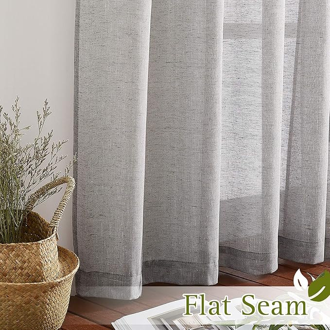 NICETOWN Sheer Curtains Flax Texture for Bedroom, Vintage Grommet Top Linen Textured Semitransparent Privacy Window Treatment Light Filter for Living Room, 52" W x 84" L, Set of 2, Charcoal Grey