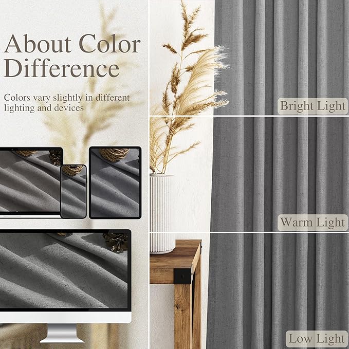 Extra Long Dark Grey Linen Curtains 2 Panels 102 Inches Long for Living Room Cotton Linen Textured Window Curtain Back Tab Rod Pocket Light Filtering Semi Sheer Drapes 102 Inch Length for Bedroom
