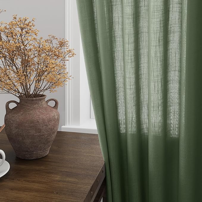 Extra Wide 100x96 Inch Linen Curtains for Living Room Divider Light Filtering Semi Sheer Patio Curtains for Sliding Door Olive Green Coastal Decor Sunroom Floor to Ceiling Window Curtain Panel