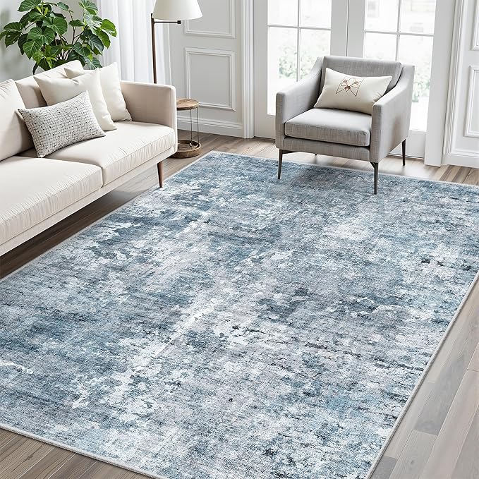 Abstract Rug 5x7 Machine Washable Area Indoor Blue Low Pile Non-Slip Foldable Thin Accent Rugs for Bedroom Living Room Dining Room
