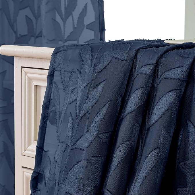 Lecloud Leia Navy Blue Sheer Curtains 2 Pieces, 30 Inch Short Curtains, Breathable Jacquard Texture Kitchen Windows Curtains, Small Farmhouse Leaves Voile Drapes Dual Rod Pocket, 38 W x 30 L