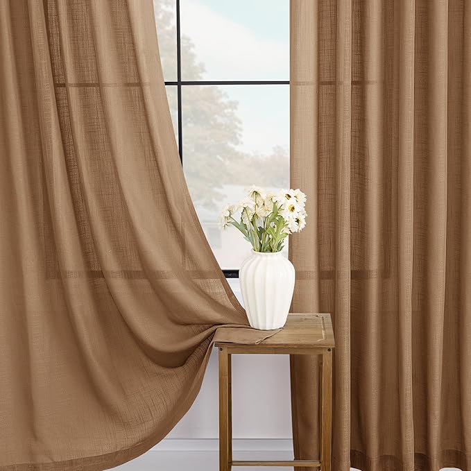 Brown Curtains for Living Room Back Tab Modern Farmhouse Semi Sheer Curtains 90 inches Long 2 Panels Set Muted Neutral Window Curtain for Dining Room Bedroom 52x90