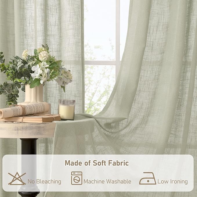 LAMIT Short Linen Curtains 40 Inch Length, Sage Grey Small Window Semi Sheer Drapes Light Filtering Bronze Grommet Neutral Panels for Cafe/Basement, 2 Panels Set, 34 x 40 Inch