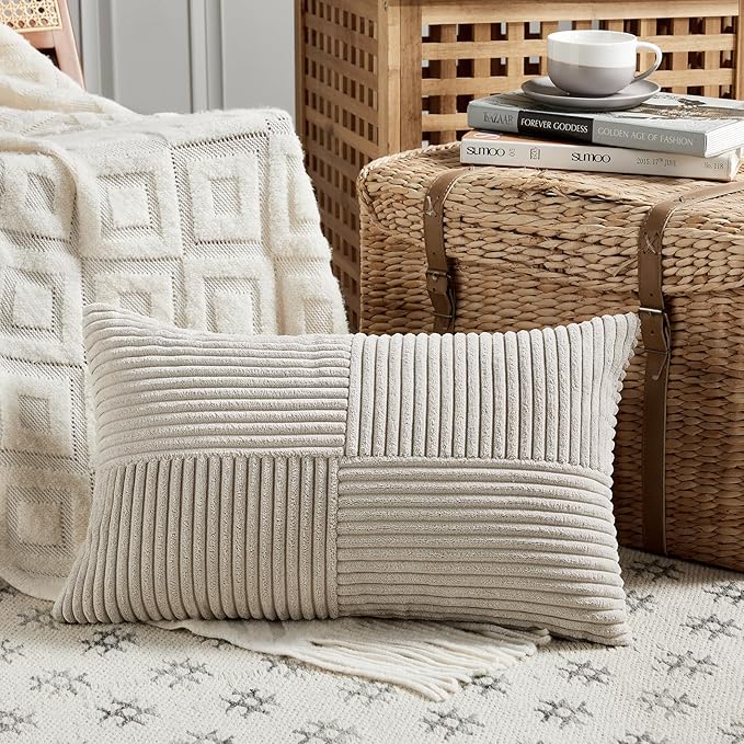 Fancy Homi 2 Packs Neutral Taupe Lumbar Decorative Throw Pillow Covers 20x28 Inch for Living Room Couch Bed Sofa, Farmhouse Home Decor, Soft Striped Corduroy Rectangle Accent Cushion Case 50x70 cm