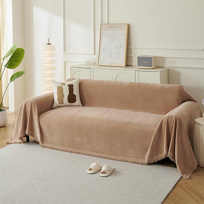 Couch Cover for Dogs, Boho Sofa Covers for 3 Cushion Couch, Chenille Sofa Slipcover for Pets Washable, L-Shape Sectional Couch Loveseat Cover Soft Throw Blankets with Tassels(91x134,Khaki)