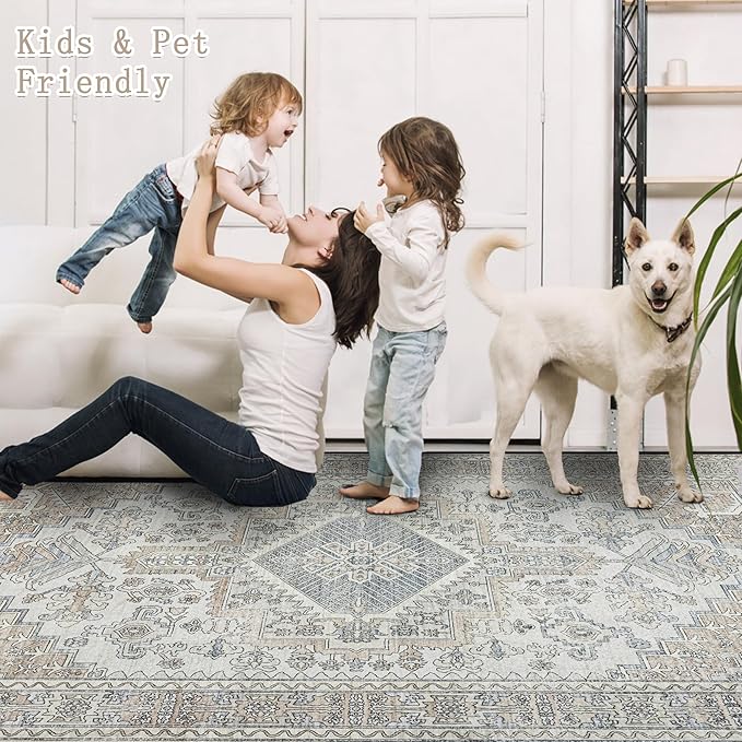 Machine Washable Rugs 8x10 Area Rugs for Living Room,Ultra Soft Low Pile Retro Rugs for Bedroom,Dining Room,Large Non Slip Carpet Vintage Distressed Accent Rug for Farmhouse Office Home Decor