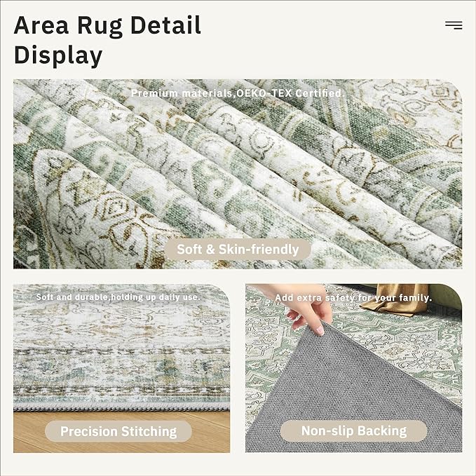 Soalmost 5x7 Area Rugs Green/Brown Low Pile Indoor Washable Trendy Faded Style Rugs for Bedroom Living Room Dining Room Foldable Non-Slip Thin Print Home Office Mat