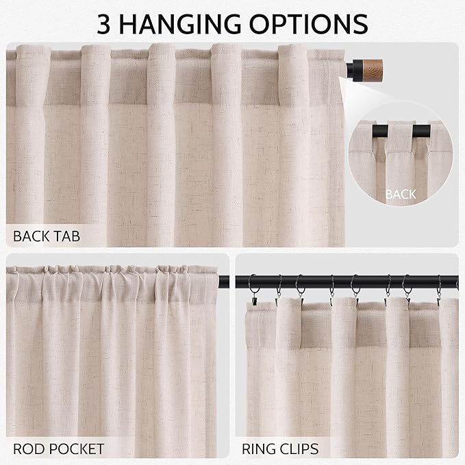 Nanspring Natural White Linen Curtains 96 Inches Long for Living Room Light Filtering Neutral Farmhouse Decor Curtains Back Tab and Rod Pocket Privacy Sheer Curtain for Bedroom 52x96, 2 Panels