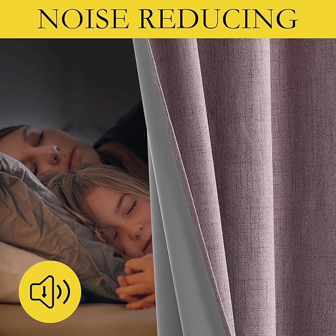 NICETOWN Chaise Mauve Vintage Linen 100% Blackout Curtains for Living Room, Thermal Insulated Curtains 102“ Long, Noise Reducing Window Treatment Drapes for Home Office, 62" Wide Per Panel, Set of 2