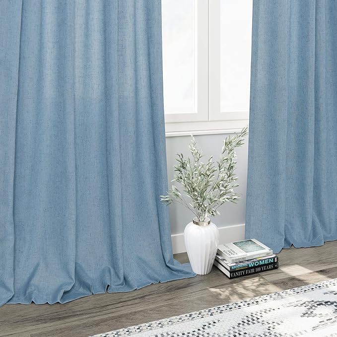 Dusty Blue Linen Curtains 92 Inch Length 2 Panels Set for Living Room Back Tab Rod Pocket Pinch Pleated Window Curtain Drapes Neutral Rustic Farmhouse Decor Dining Room Curtain 92 Inches Long