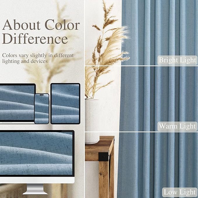 Blue Linen Blend Drapes 84 Inch Length 2 Panels Set Back Tab Rod Pocket Light Filtering Semi Sheer Textured Dusty Blue Vertical Curtains Boho Farmhouse Decor Curtains for Living Room Bedroom 40x84