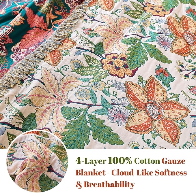 MSGKV Boho Throw Blanket for Couch Chair 100% Cotton Embroidery Floral Blanket 50"x60" Sofa Blankets for All Seasons Lightweight Farmhouse Muslin Spring Breathable Bed Blankets Home Decor